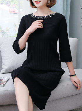 长款毛衣女2019新款中长款过膝春秋季大红色打底衫镶钻针织连衣裙