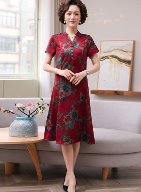 杭州重磅真丝连衣裙桑蚕丝大牌50岁夏装中老年妈妈印花旗袍裙子女
