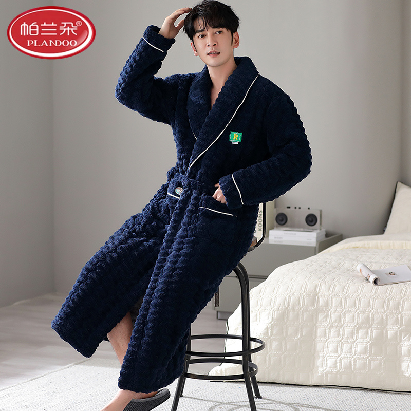 帕兰朵珊瑚绒男士三层夹棉睡衣睡袍冬季新款加厚保暖袄浴袍法兰绒