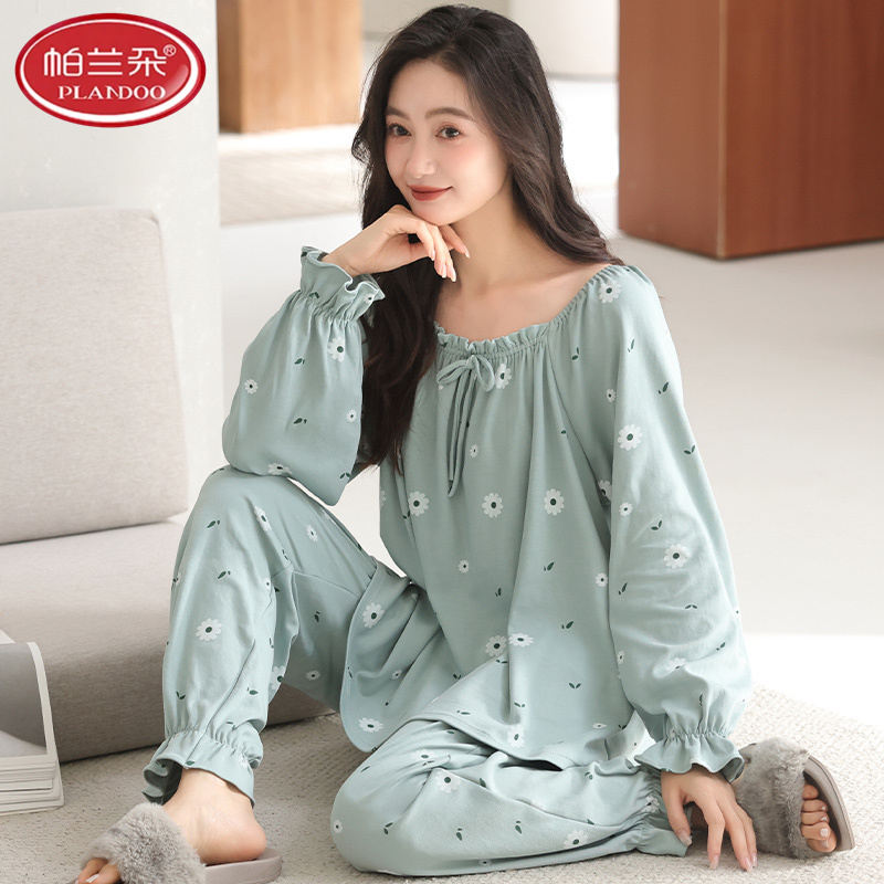 帕兰朵睡衣女款春秋季纯棉拉架爽棉公主风长袖甜美宽松家居服套装
