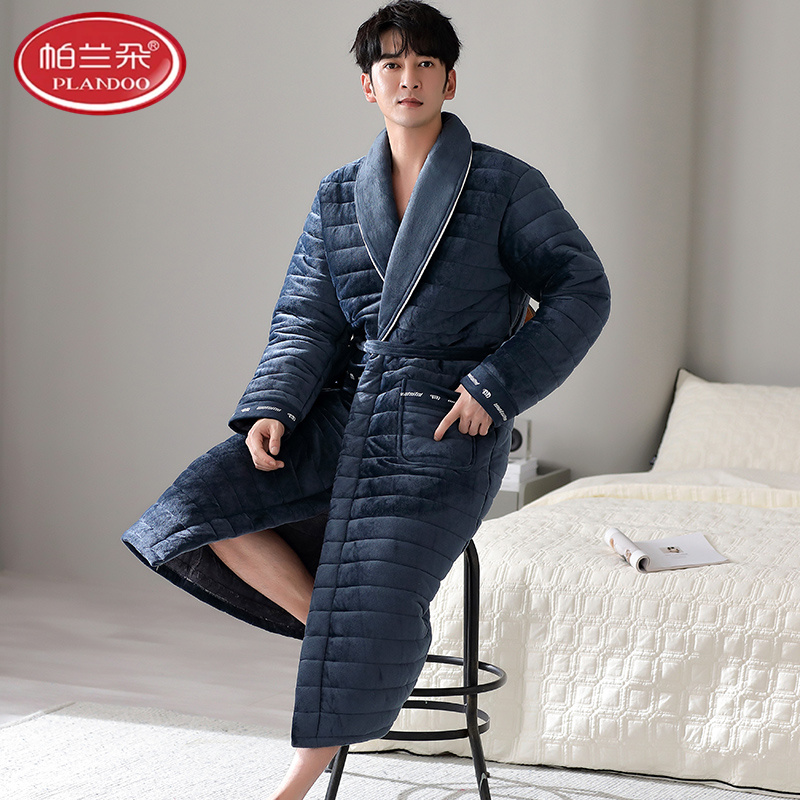 帕兰朵珊瑚绒男士三层夹棉睡衣睡袍冬季新款加厚保暖袄浴袍法兰绒