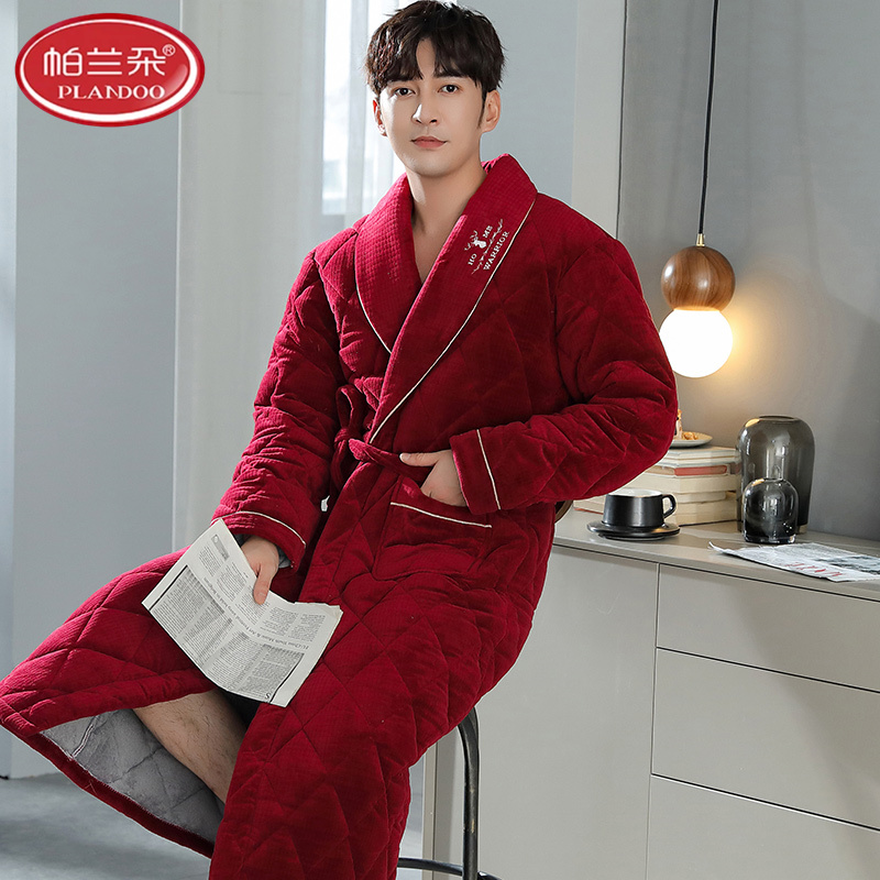 帕兰朵珊瑚绒男士三层夹棉睡衣睡袍冬季新款加厚保暖袄浴袍法兰绒