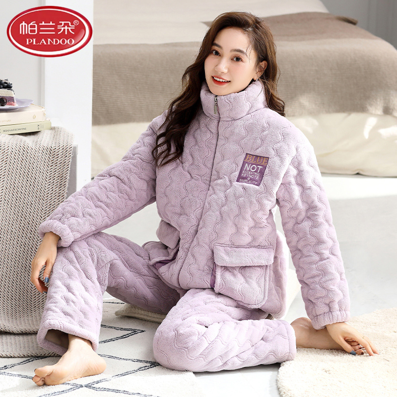 帕兰朵珊瑚绒睡衣女冬季加绒加厚三层夹棉可外穿秋冬款家居服套装