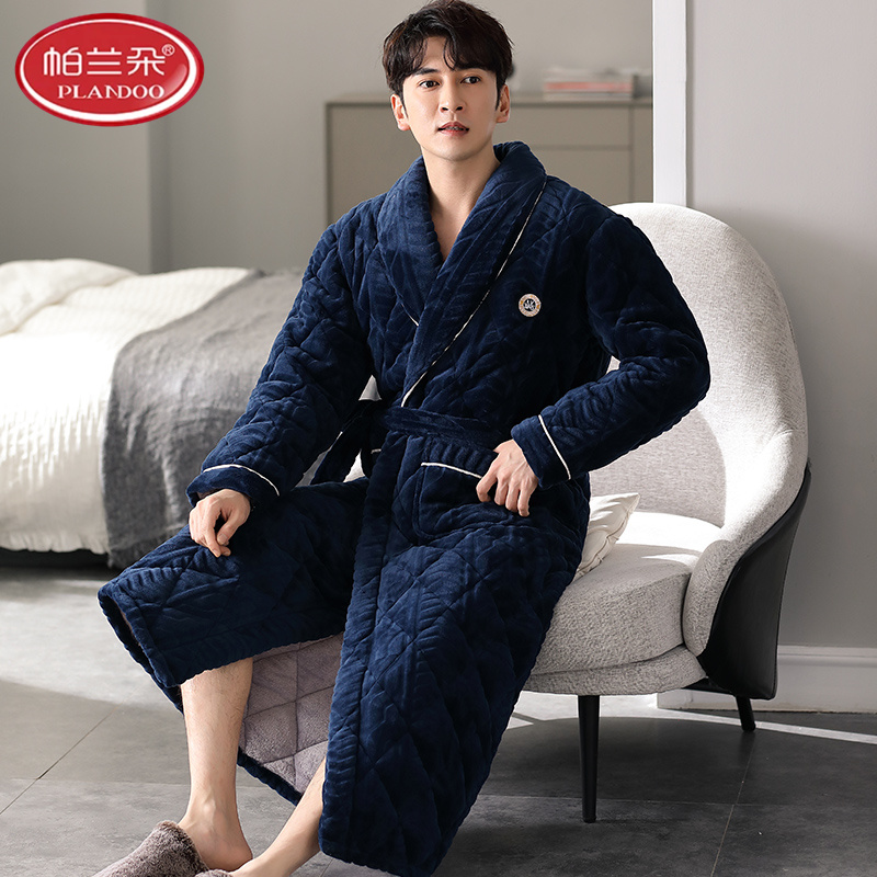 帕兰朵珊瑚绒男士三层夹棉睡衣睡袍冬季新款加厚保暖袄浴袍法兰绒