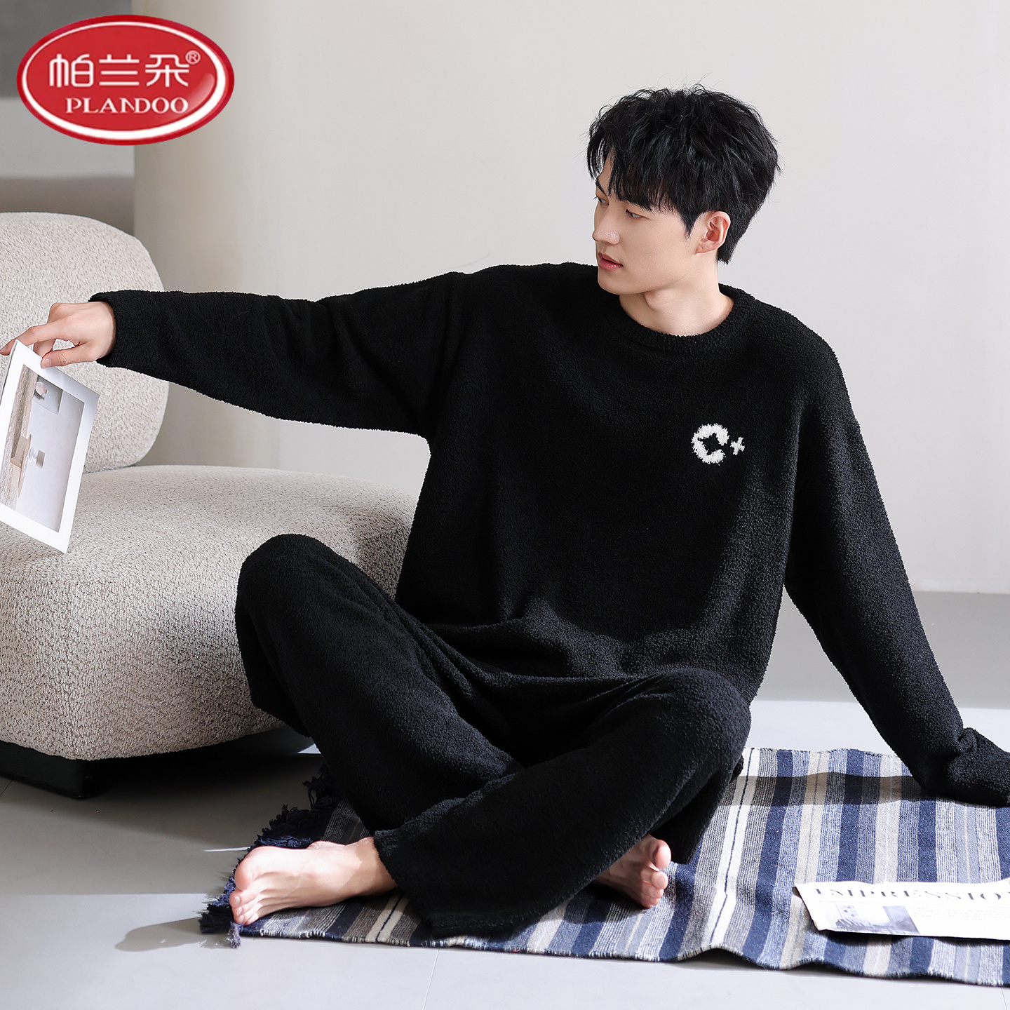 帕兰朵男士睡衣2025冬季加绒加厚保暖半边绒青年男款家居服套装男