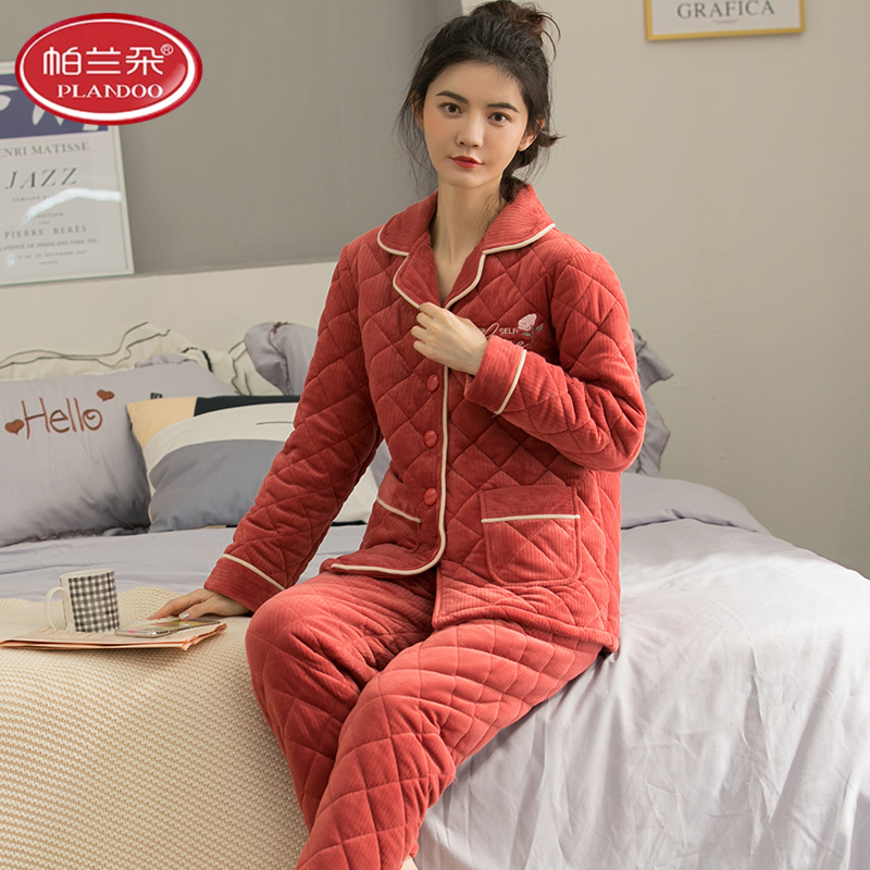 帕兰朵珊瑚绒睡衣女冬季加绒加厚三层夹棉可外穿秋冬款家居服套装