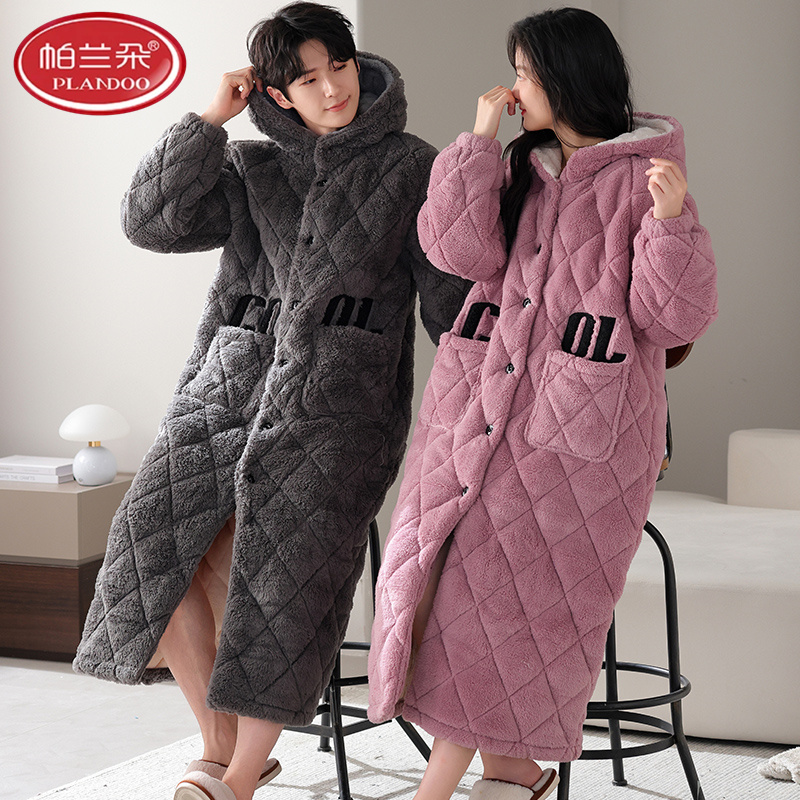 帕兰朵情侣睡袍女冬季珊瑚绒加厚加绒三层夹棉袄男士睡衣长款浴袍