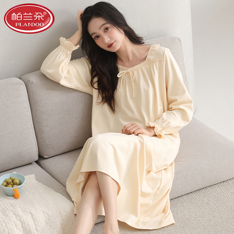 帕兰朵睡裙女春秋款纯棉拉架长袖2025新款爽棉睡衣可外穿家居服裙