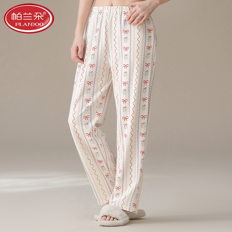帕兰朵睡裤女春秋季100%纯棉长裤宽松加大码全棉秋冬卡通家居裤子
