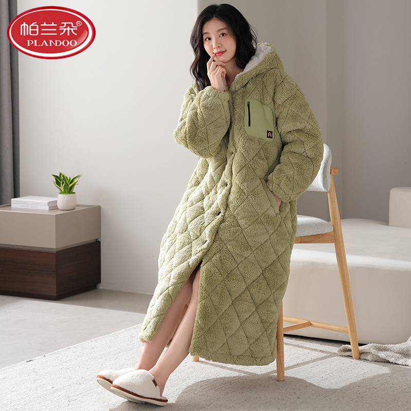 帕兰朵睡袍女秋冬季三层加厚长款保暖珊瑚绒夹棉冬季女士睡衣浴袍