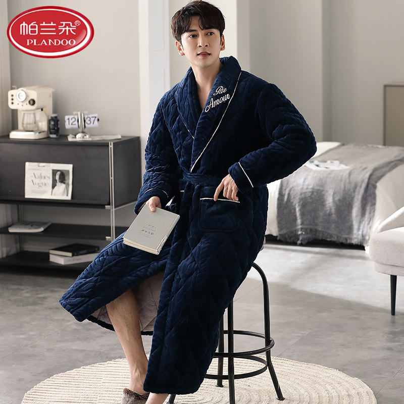 帕兰朵珊瑚绒男士三层夹棉睡衣睡袍冬季新款加厚保暖袄浴袍法兰绒