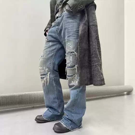 High-Quality No Faith Studios Hand-Stitched Distressed Ripped Ink-Splatter Straight Bootcut Jeans for Men and Women