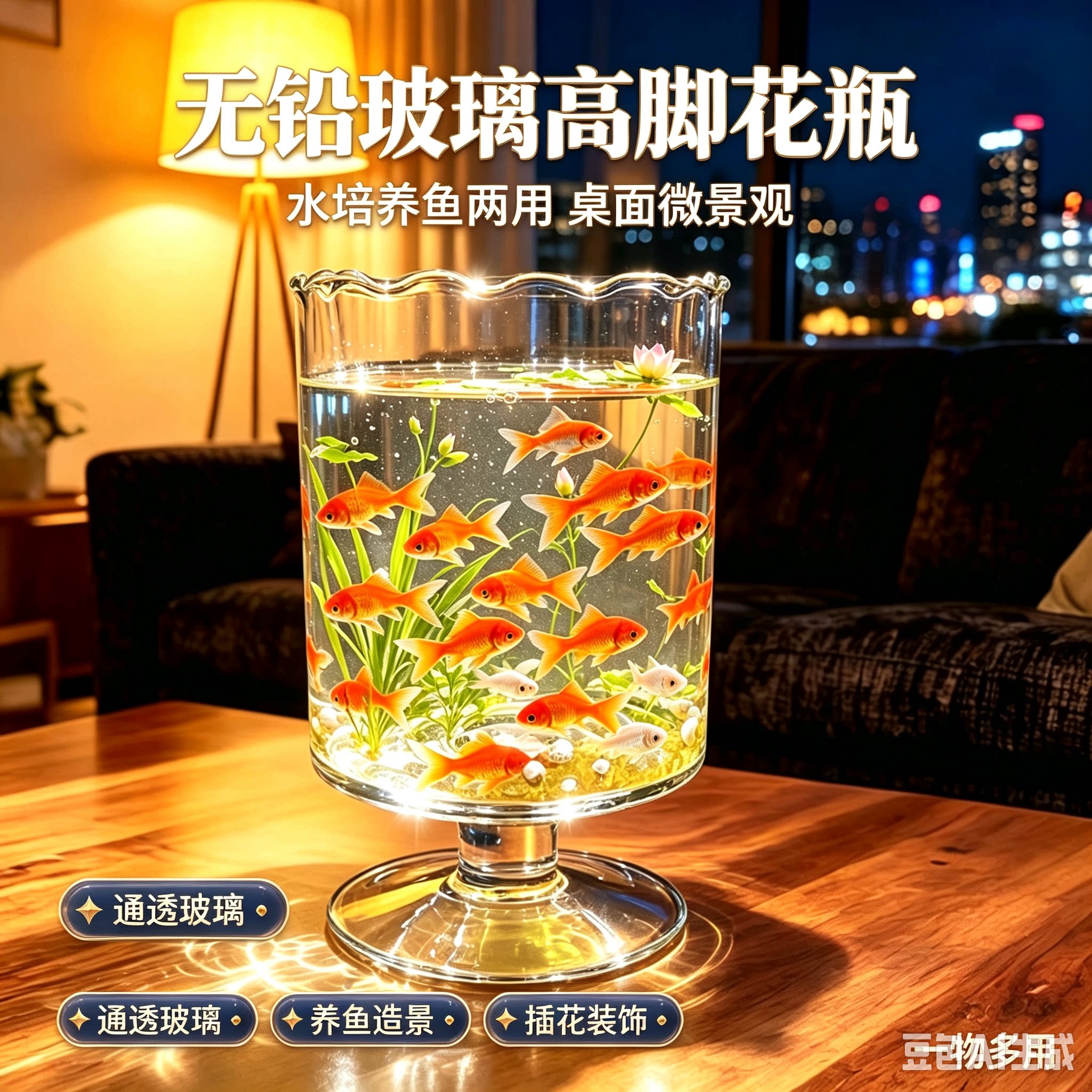 波浪口透明玻璃花瓶 养鱼插花二花瓶