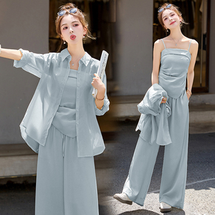 一整套休闲阔腿裤套装女夏季爆款时尚显瘦遮肉衬衫吊带裤子三件套