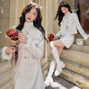 高级感名媛小香风两件套装裙2025年秋冬富家千金短外套短裙子穿搭