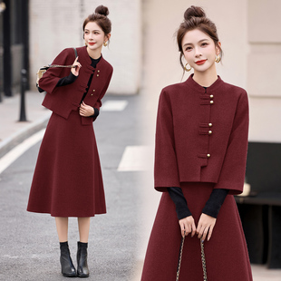 新中式国风套装裙女2025秋冬爆款高级感气质毛呢半身裙两件套显瘦