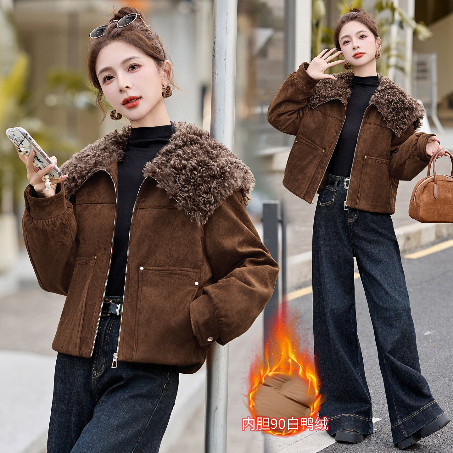 派克服复古短款羽绒服女小个子加厚保暖90白鸭绒内胆夹克外套女款