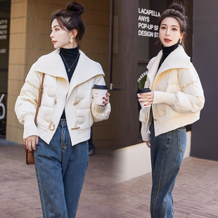 针织大翻领羽绒服女款冬季2025新款欧货爆款拼接小个子白鸭绒外套
