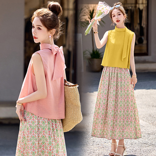 2025夏季新款洋气巨好看的套装女飘带上衣裙子两件搭配一整套甜美