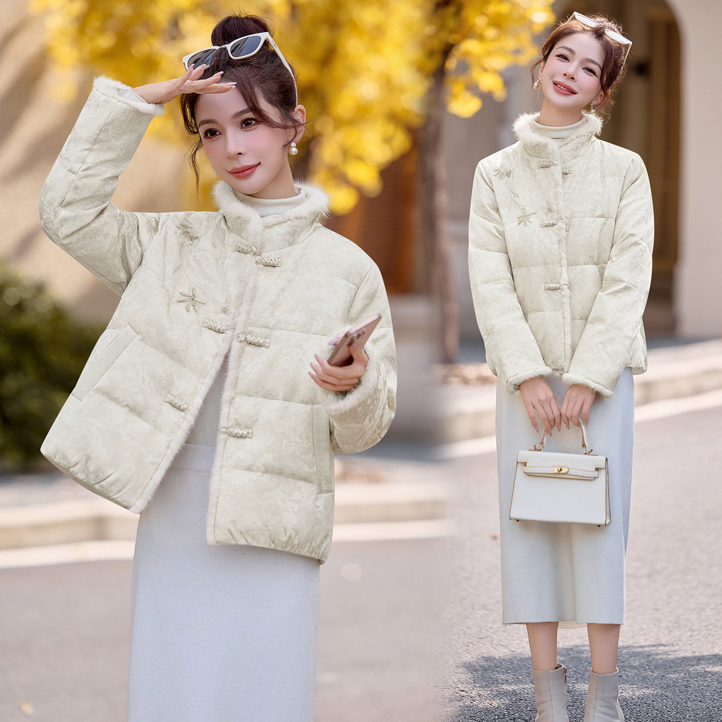 新中式刺绣小个子羽绒服女2025冬新款盘扣立领保暖白鹅绒外套加厚