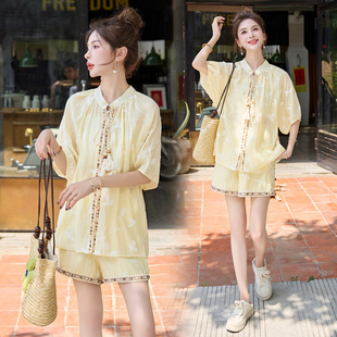 新中式国风套装女2025夏季新款小个子防晒衬衫洋气休闲短裤两件套