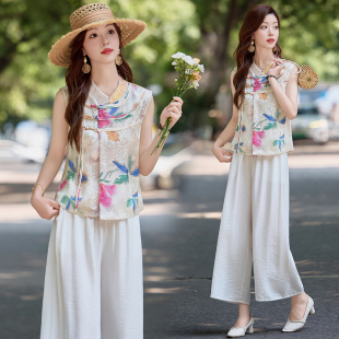 新中式国风套装女2025夏季新款印花盘扣旗袍上衣阔腿裤两件套绝美