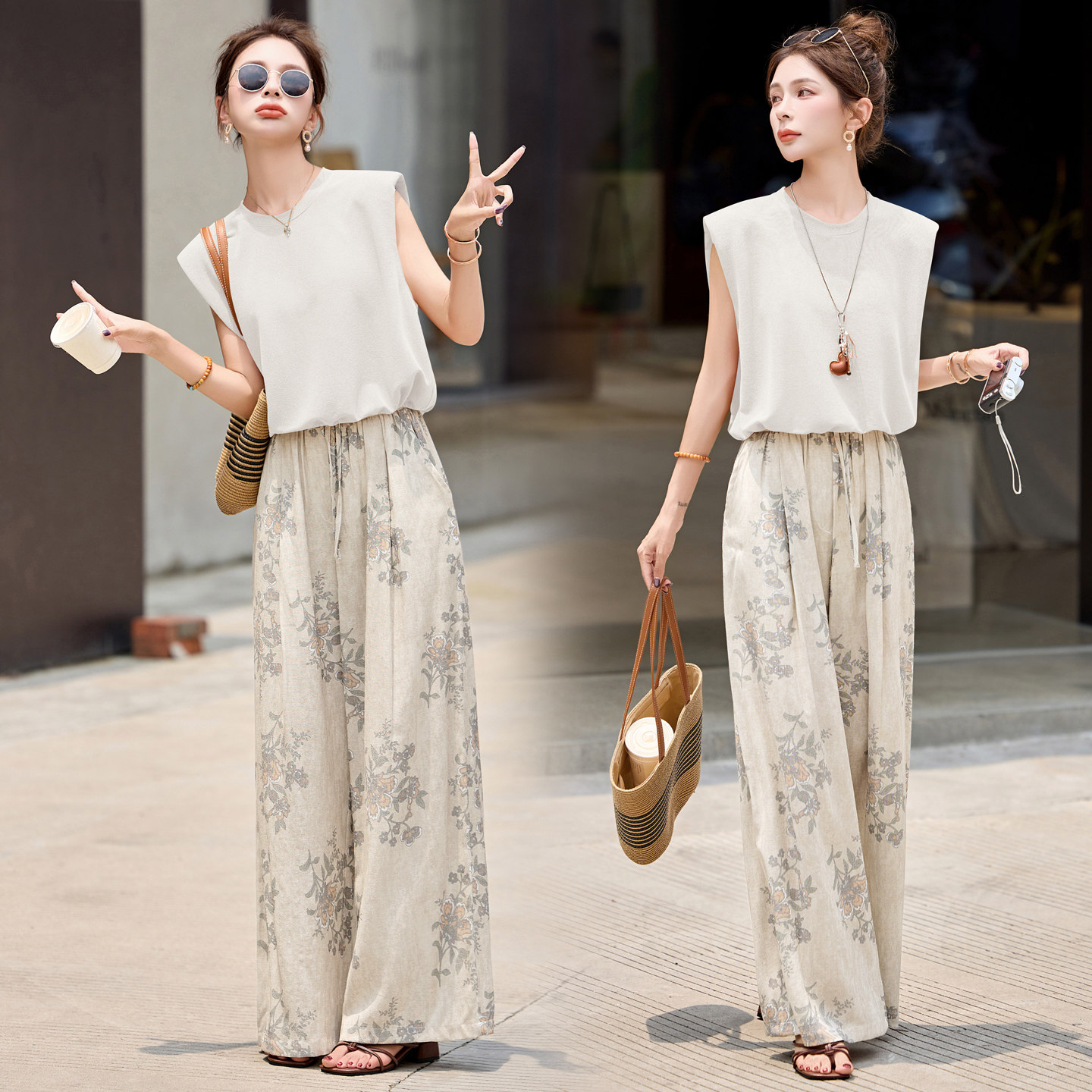 休闲套装女夏2025新款洋气时尚减龄时髦气质韩版印花阔腿裤两件套