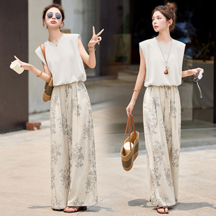 休闲套装女夏2025新款洋气时尚减龄时髦气质韩版印花阔腿裤两件套
