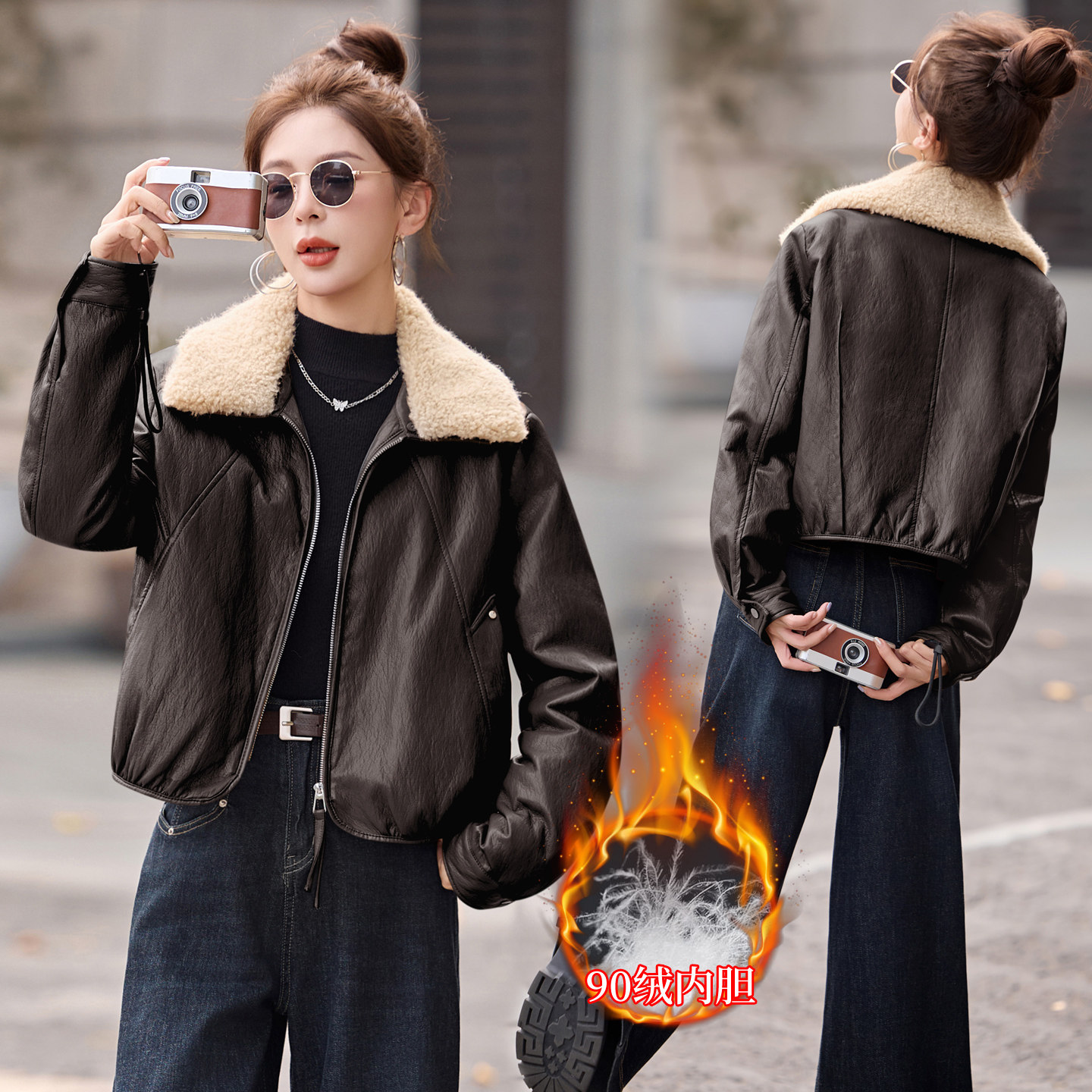 时尚小个子皮衣羽绒服女短款2025秋冬新款韩版白鸭绒外套女款加厚