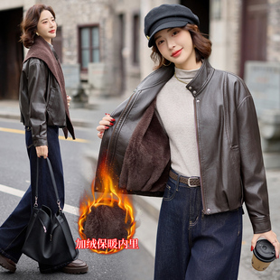 立领加绒短款皮衣外套女2025冬季新款小个子洋气pu皮夹克流行小众