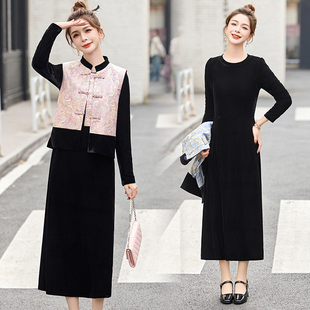新中式国风套装女超火春秋装2025新款名媛金丝绒连衣裙马甲两件套
