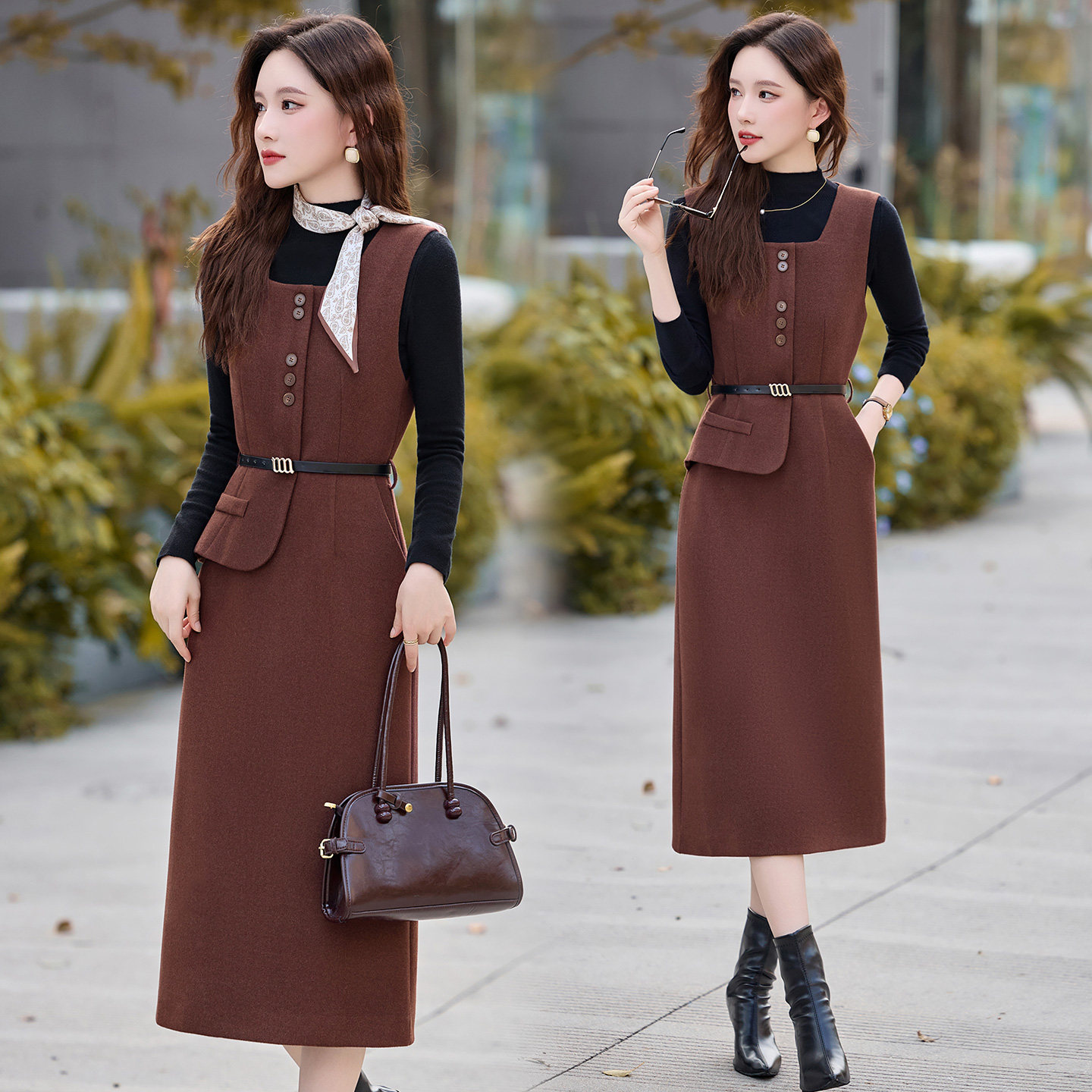 毛呢背心裙时尚套装女秋冬季2025新款打底衫马甲连衣裙两件套气质