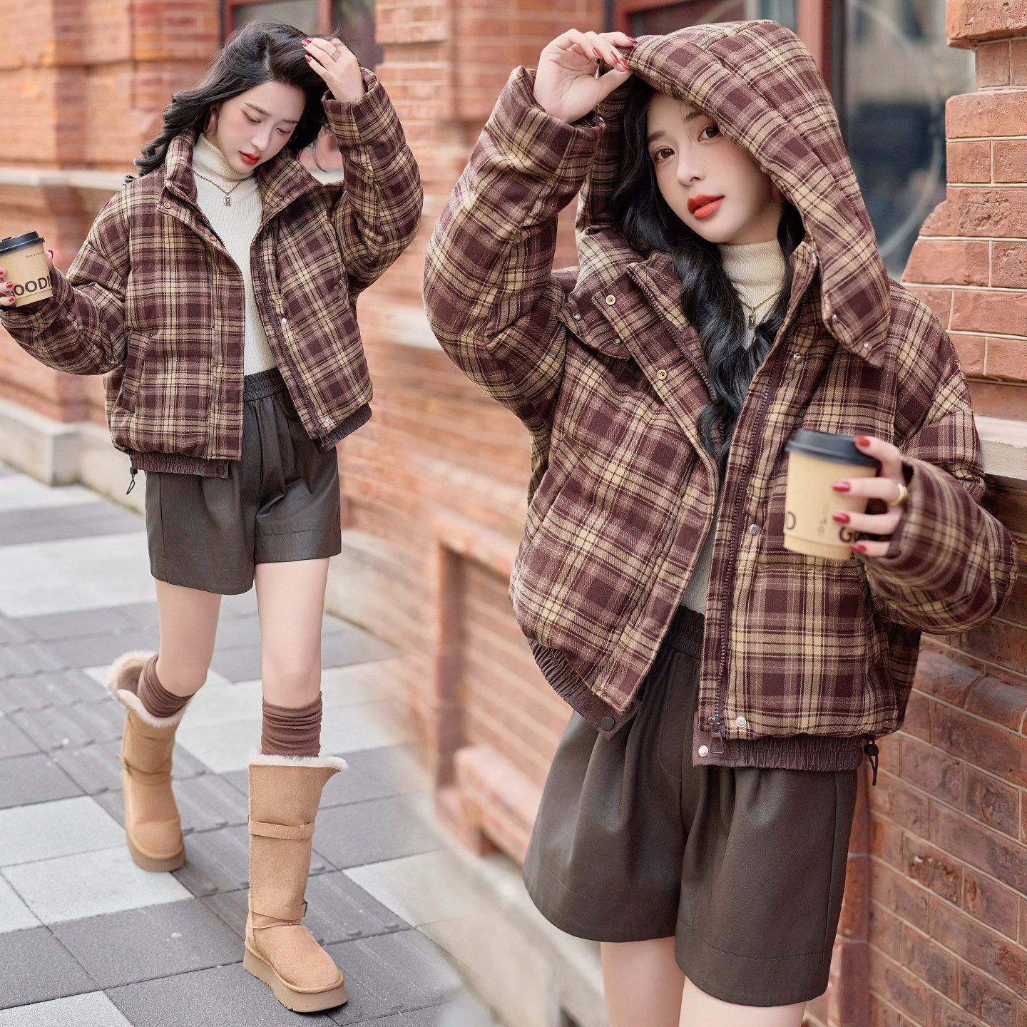 超好看格子羽绒服女短款冬季小个子连帽加厚爆款洋气面包服外套潮