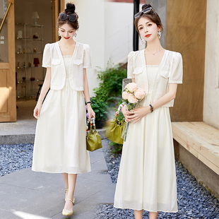 连衣裙两件套女春夏季2025新款小个子气质显瘦吊带裙套装外穿短袖