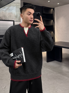 二十二号穿搭羊毛混纺拼色V领毛衣男士冬季长袖保暖假两件针织衫