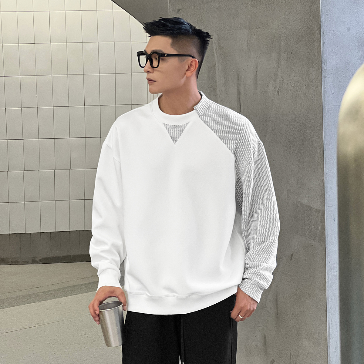 NO22WEAR秋季卫衣男高级感毛织拼接松弛感长袖小众设计款男装上衣