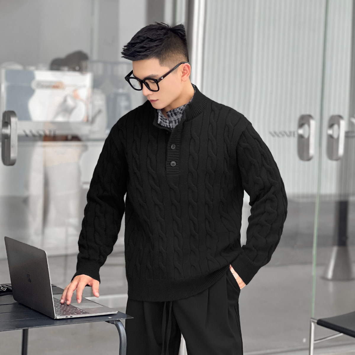 二十二号穿搭老钱新贵冬季假两件绞花双层领男毛衣加厚保暖针织衫