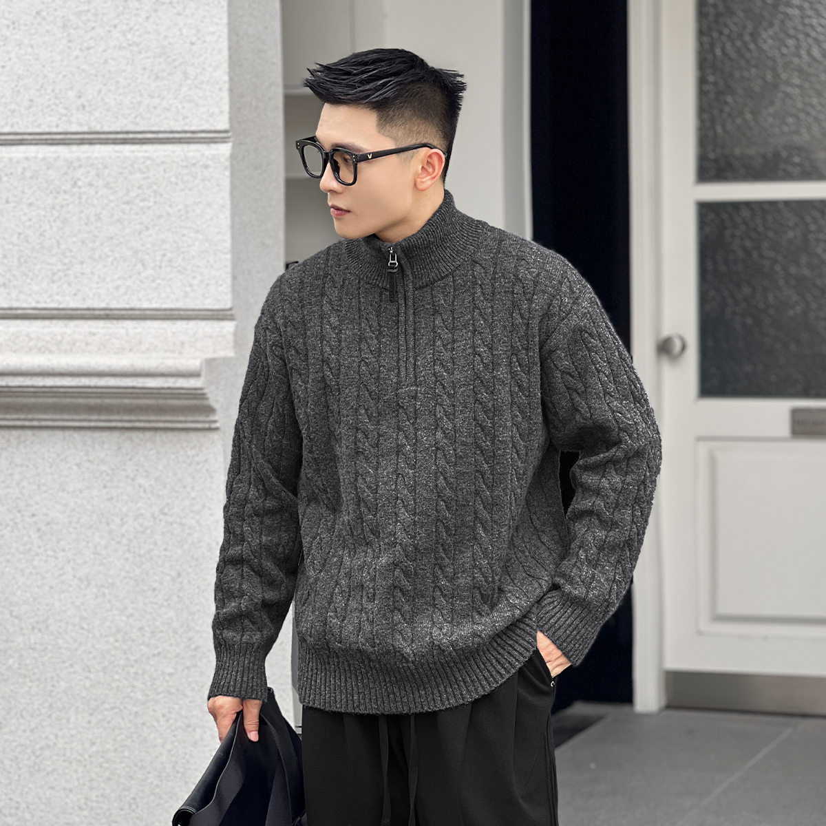二十二号穿搭老钱风麻花冬季半拉链重磅加厚保暖毛衣内搭男针织衫