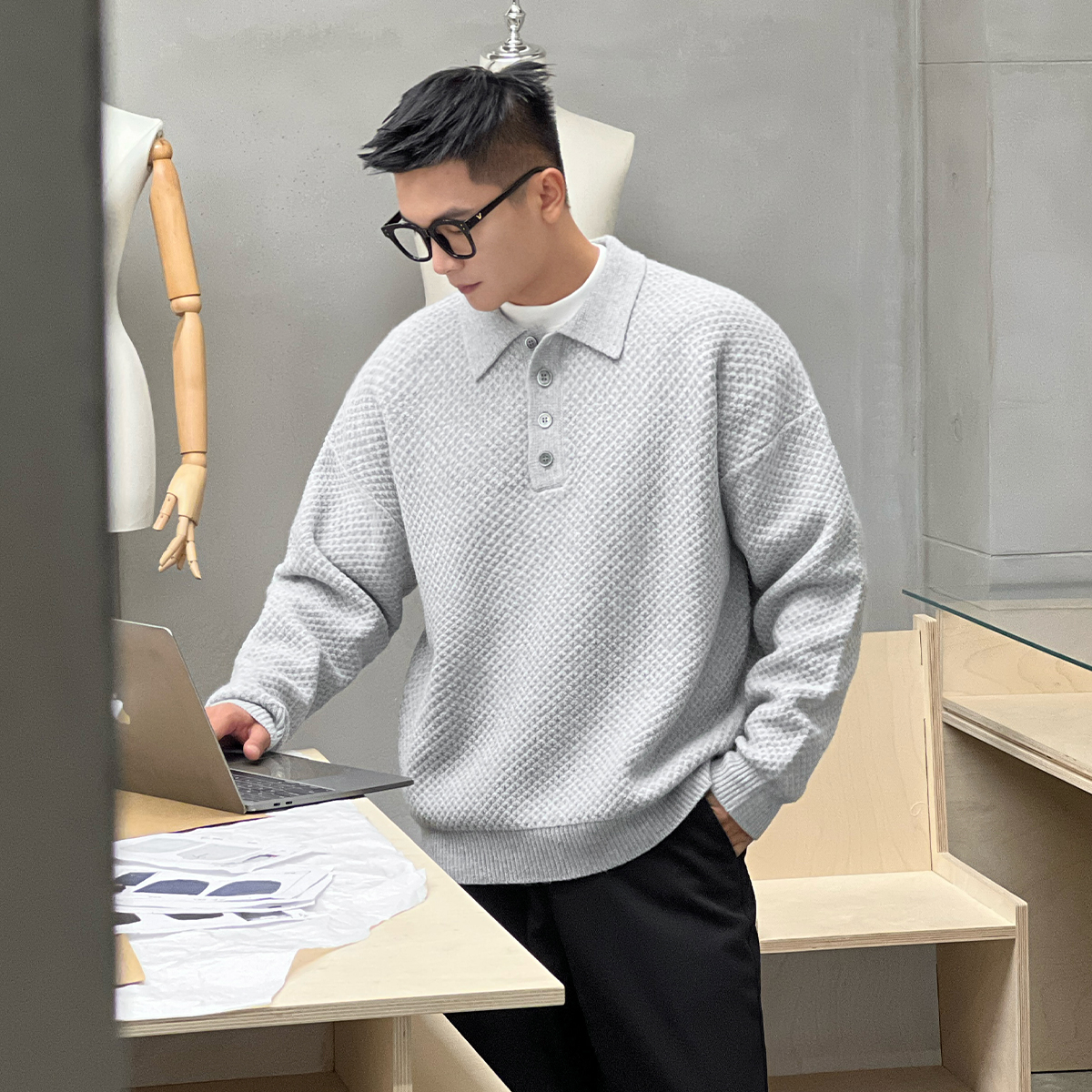 NO22WEAR老钱风小众龙鳞纹肌理感设计款秋季保暖毛衣针织衫男上衣