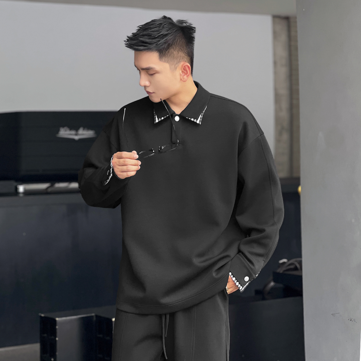 二十二号穿搭通勤高级感双层领金属扣polo衫男秋冬季卫衣长袖内搭