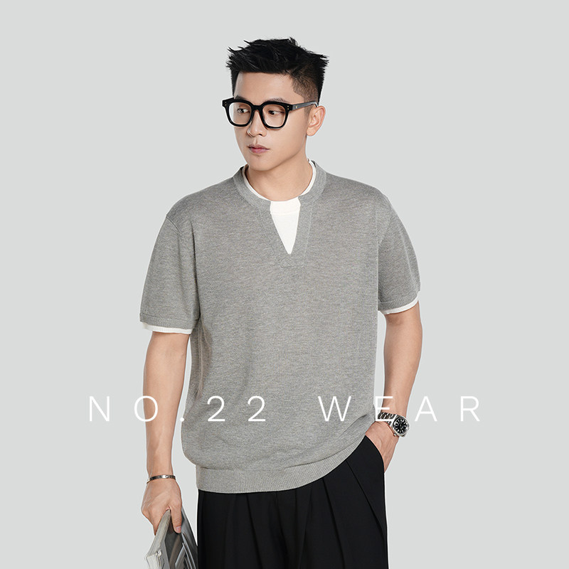 二十二号穿搭V领假两件短袖t恤2026夏季新款男士宽松设计款针织衫
