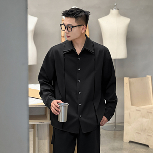 衬衣高级感上衣 秋冬痞帅长袖 二十二号穿搭小众双层领设计衬衫 男士