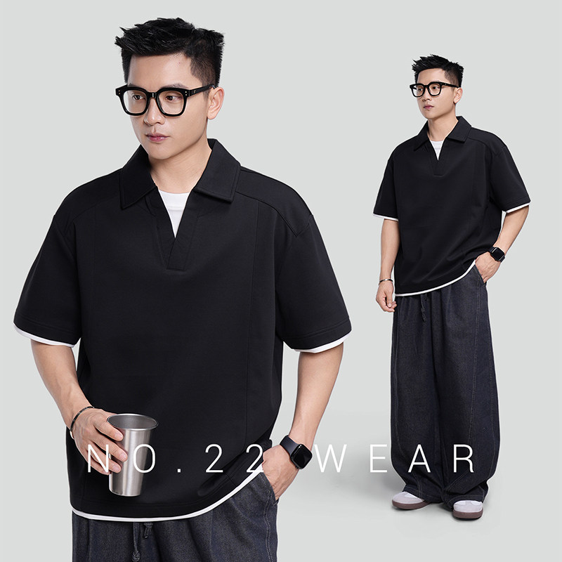 二十二号穿搭夏季V领假两件设计款短袖t恤男翻领宽松休闲半袖上衣