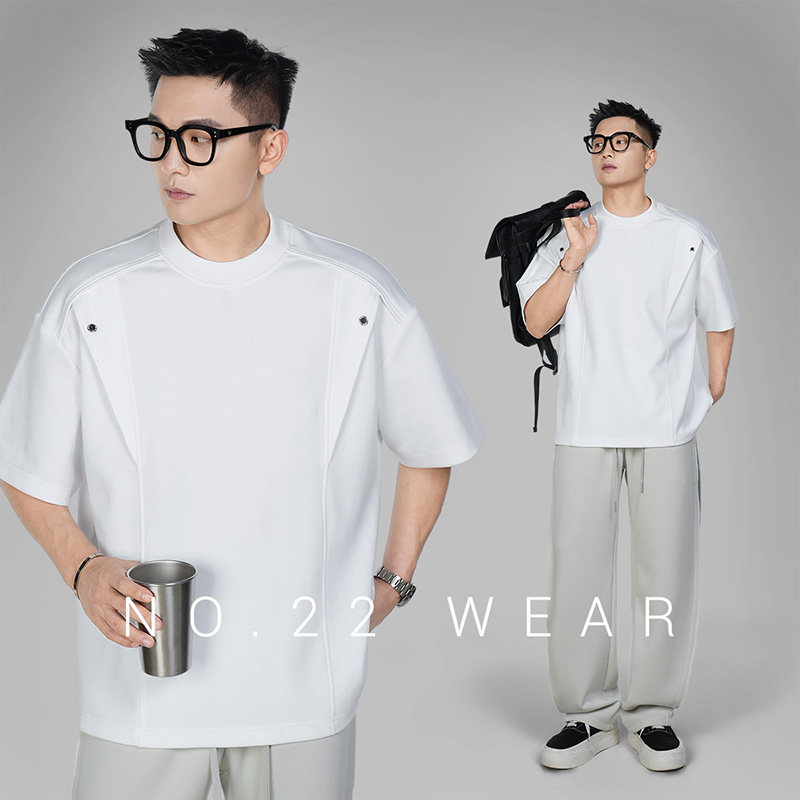 二十二号穿搭小众透气网眼设计高级感夏季重磅圆领宽松短袖t恤男
