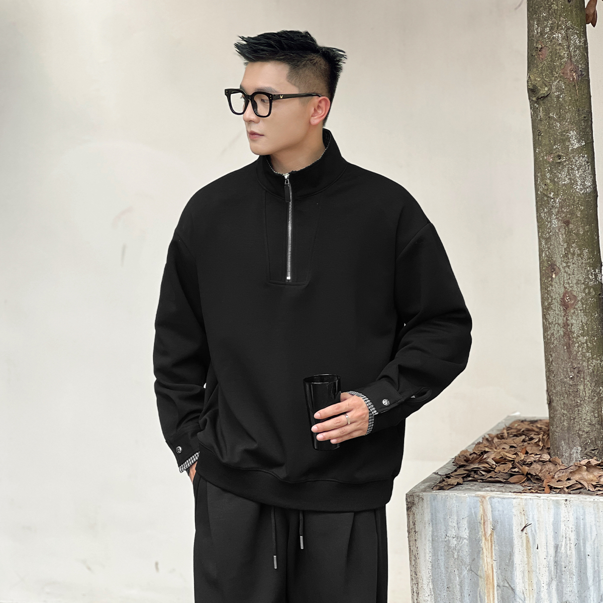 NO22WEAR格纹拼接秋季立领卫衣男士高级感痞帅半拉链长袖休闲上衣