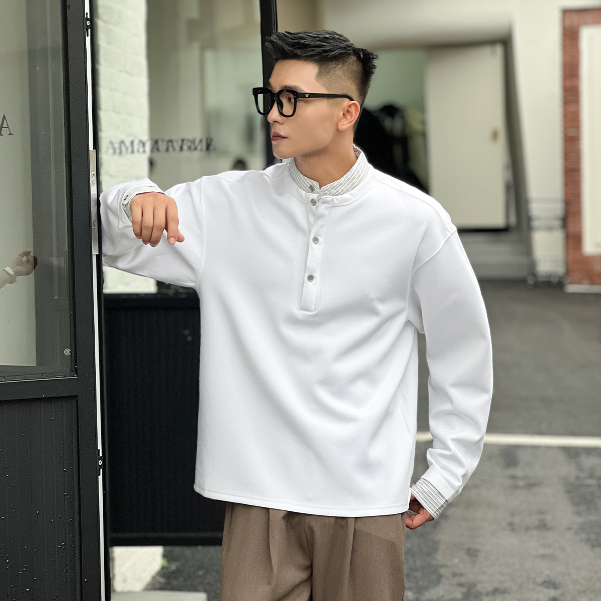 NO22WEAR秋季高级感假两件老钱风亨利领长袖t恤男士宽松韩系上衣