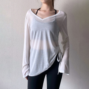 V领运动罩衫训练外套薄款微透休闲跑步罩衫防晒上衣喇叭袖外穿T恤