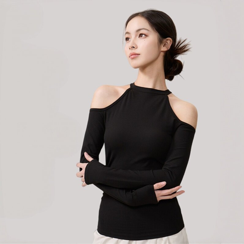 路肩运动长袖修身衣含胸垫健身衣女子瑜伽服普拉提T恤性感休闲服