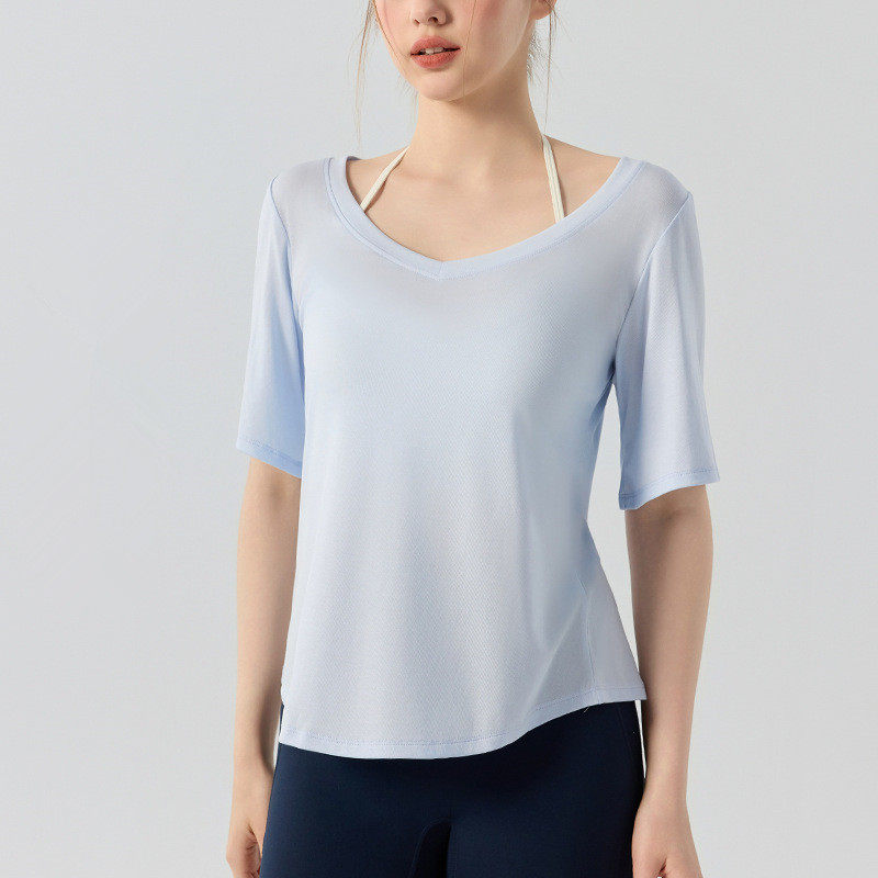 正肩V领运动短袖薄款透气瑜伽T恤训练普拉提吸汗亲肤跑步罩衫中袖