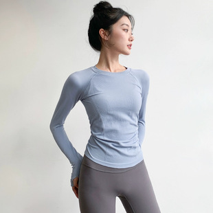 圆领健身长袖百搭纯色瑜伽服上衣跑步训练T恤女子普拉提服简约风